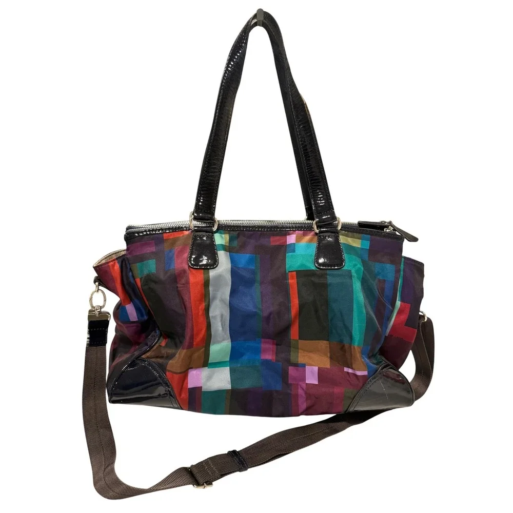Brighton Multicolor Geometric Nylon Satchel Patent Trim Crossbody Bag